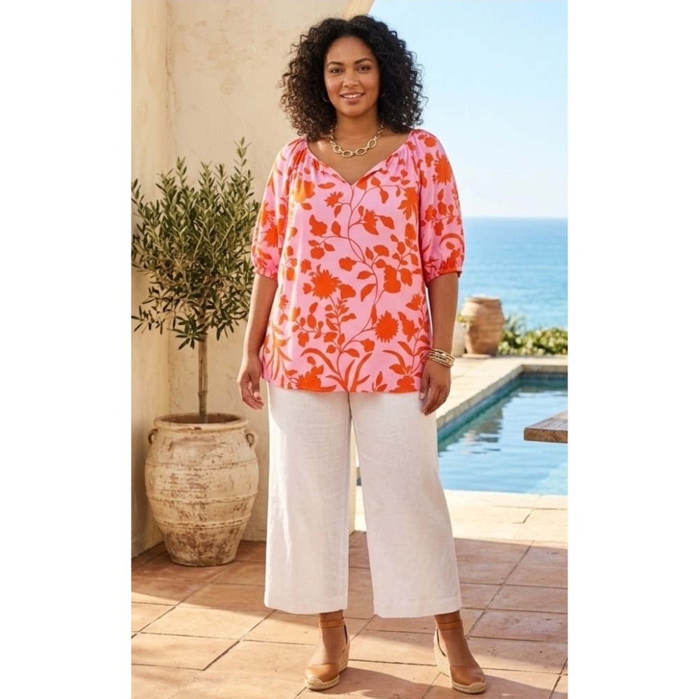 Talbots Floral Relaxed Fit Poet Top Cottagecore Resortwear Pink Size 3XP Party